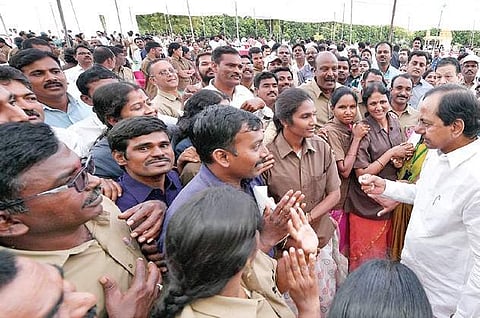 Chief Minister K Chandrasekhara Rao speaks to the TSRTC employees at Pragathi Bhavan in Hyderabad on Sunday.