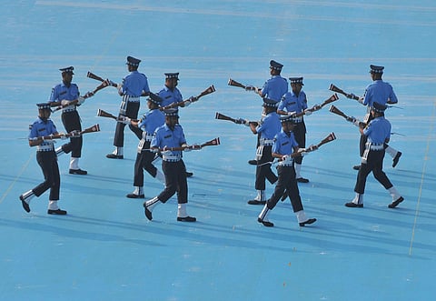 Graduating cadets display their rifle-handling skills at the Graduation Parade at Air Force Academy(AFA) on Saturday in Dundigal  | S Senbagapandiyan