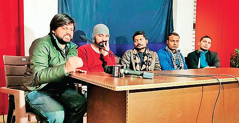 Activists Kamesh, Pradeep Narwal, Prashant Kanojia and Sushil Gautam at the press conference held on Saturday. (Photo | PTI)