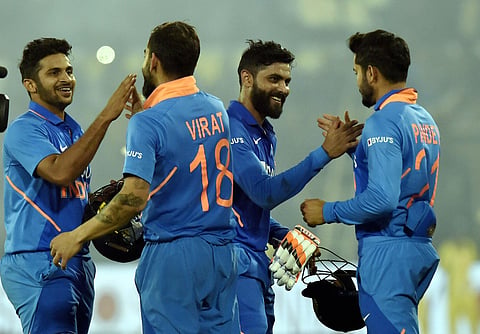 Team India celebrates the ODI victory. (Photo| PTI)