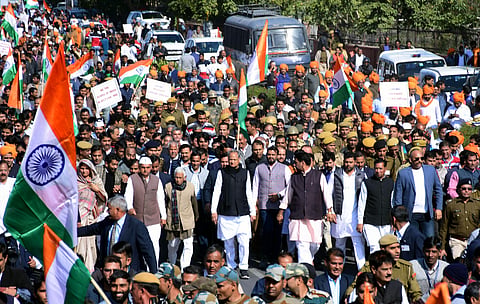 Chief Minister of Rajasthan Ashok Gehlot during a protest rally against the Citizenship Amendment Act 2019 and NRC, in Jaipur on Sunday. (Photo | ANI)