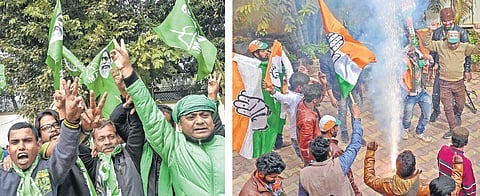 Jharkhand Mukti Morcha (left) and Congress workers (right) celebrate their alliance’s victory in Ranchi after the results of the state Assembly elections were declared on Monday | Pti