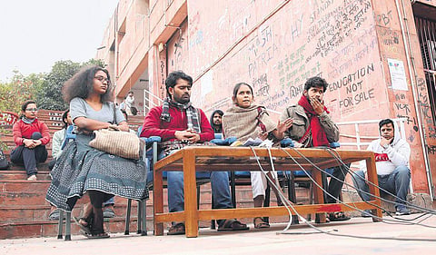 JNUSU president Aishe Ghosh along with other students addresses the media at JNU campus (File Photo | Shekhar Yadav, EPS)