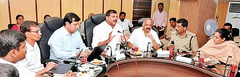 Minister Botcha Satyanarayana speaking at a review meeting in Visakhapatnam on Tuesday | express