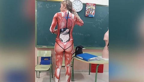 Veronica Duque wore an anatomy bodysuit to class.