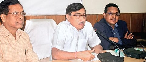 TSCHE Chairman Papi Reddy (centre)  addressing the media at Masab Tank in Hyderabad on Tuesday. (Photo | Sathya Keerthi/EPS)