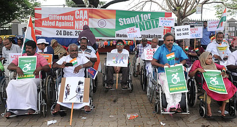 Differently-abled persons gathered near Marine Drive on Tuesday expressing  solidarity with protests against the Citizenship (Amendment) Act. (Photo | A Sanesh, EPS)