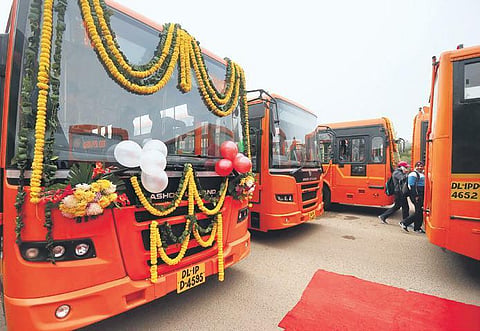The newly-inaugurated standard-floor buses at the Rajghat Depot in New Delhi on Thursday. (Photo |EPS/ARUN KUMAR)