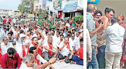 Amaravati farmers stage a protest at Mandadam in Guntur district on Thursday; a person, who tried to commit suicide, being prevented by others. (Photo I Prasant Madugula, EPS)