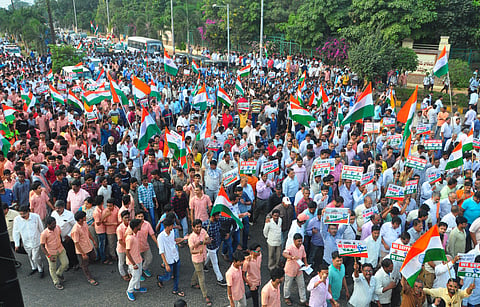 BJP workers and students taking out a rally in support of the Citzenship Amendment Act 2019. (Photo |  G Satyanarayana/EPS)