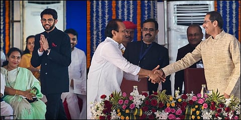 Aaditya Thackeray (left) after taking oath as a minister in the Maharashtra cabinet. Ajit Pawar (right) being greeted by Uddhav Thackeray after he was sworn in as the deputy chief minister. (Photos | PTI)