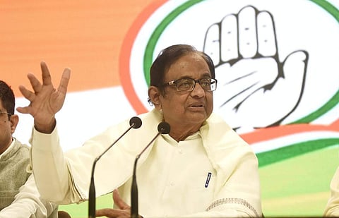 Congress leader P Chidambaram gestures as he addresses a press conference in Delhi. (Photo | EPS/Parveen Negi)