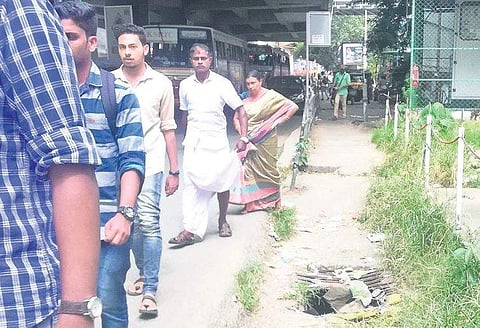 A gaping hole on the footpath on the stretch between Kaloor Metro Station and Lisie Hospital on Banerjee Road
