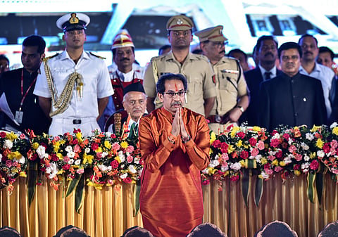 Shiv Sena President Uddhav Thackeray greets supporters during his swearing-in ceremony as the 18th Chief Minister of Maharashtra. (File | PTI)