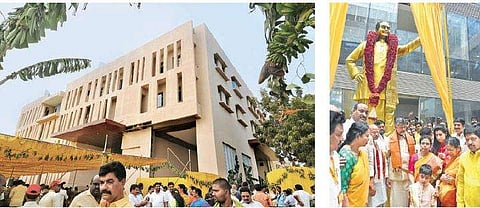The newly-inaugurated TDP office in Mangalagiri near Vijayawada; (R) TDP president N Chandrababu Naidu unveils the statue of party founder late NTR Rama Rao installed on the premises. (Photo I Prasant Madugula)