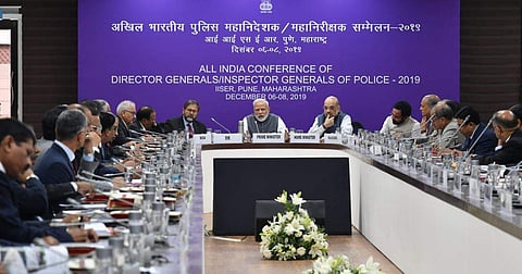 PM Modi and Home Minister Amit Shah attending the DGP/IGP conference in Pune. (Photo | Twitter @PMOIndia)