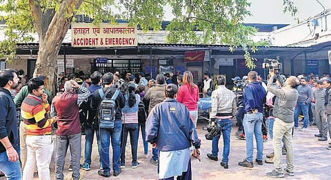 Family members of  victims and media personnel gather outside the emergency ward of Lady Hardinge Hospital | Pti