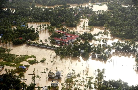 An aerial view of flood-hit Aluva-Paravur region. ( Photo | Albin Mathew/ EPS)