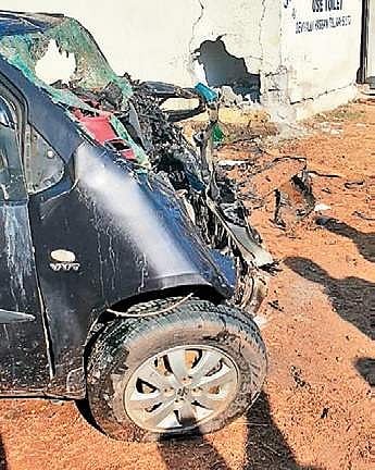 The car rammed into the public toilet
