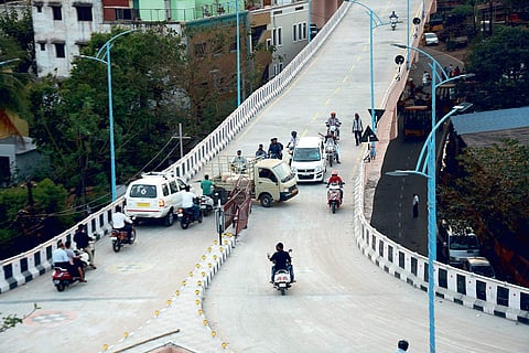 Commuters stuck in a traffic snarl on the new flyover at Bomikhal in Bhubaneswar on Friday | Express