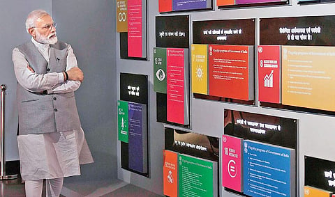 PM Narendra Modi at the inauguration of the Pandit Deendayal Upadhyaya Institute of Archaeology on Saturday (Photo | PTI)