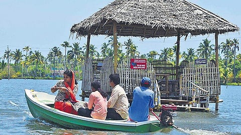 While visitors enjoy a speed boat ride, a fish jumps close to the boat at the fish farm owned by Matsyafed in Njarakkal in Kochi (File Photo | Albin Mathew/EPS)