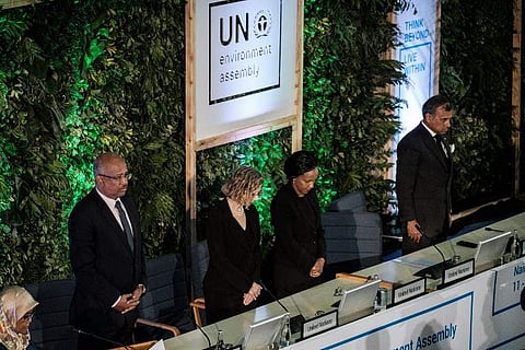 People have a moment of silence for the victims, including 19 UN workers, of Ethiopia Airline's crash before the 4th UN Environment Assembly at the UN headquaters in Nairobi, Kenya, on March 11, 2019. (Photo | AFP)