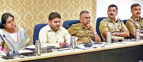 District Election Officer G Prakash and Chennai Police Commissioner A K Viswanathan address the press regarding enforcement of the model code of conduct ahead of Lok Sabha elections, in the city on Monday. (Photo | D Sampathkumar, EPS)