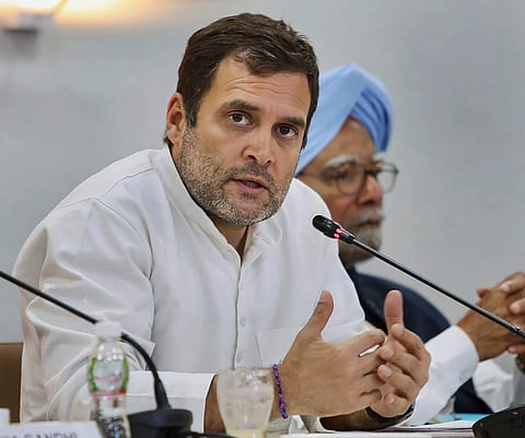 Congress President Rahul Gandhi addresses the Congress Working Committee CWC in Ahmedabad Tuesday March 12 2019. | PTI