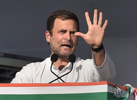 Congress President Rahul Gandhi addresses during Jan Sankalp Rally ahead of Lok Sabha elections in Gandhinagar Tuesday March 12 2019. | PTI