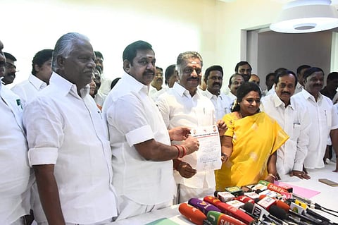 AIADMK coordinator O Panneerselvam and joint coordinator Edappadi K Palaniswami today releasing the list of constituencies to be contested by the partners in the alliance. BJP State president Tamilisai Soundararajan and party’s national secretary H Raja w