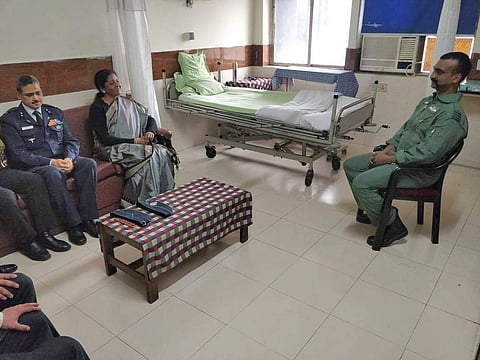 Defence Minister Nirmala Sitharaman with Wing Commander Abhinandan Varthaman. (Photo | ANI)