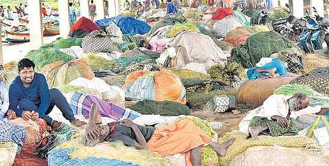 'Fishermen resting at Vizhinjam harbour due to reduced fish landing   Vincent Pulickal