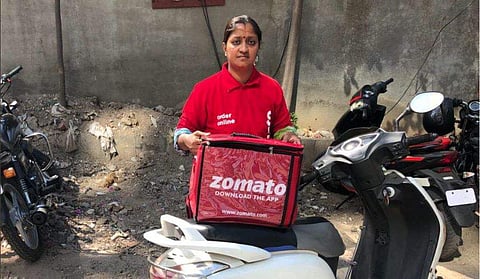 Representational image of a Zomato delivery person . (Photo | Twitter @zomato)