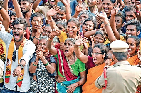 Women supporters cheer Chief Minister N Chandrababu Naidu during his election meeting at Saluru Centre, Vizianagaram, on Thursday I Express