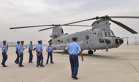 CH-47F (I) Chinook helicopter during its induction into the Indian Air Force at Air Force Station Chandigarh Monday. (Photo | PTI)