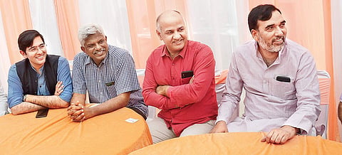 (L-R) AAP LS candidates Raghav Chadha, Pankaj Gupta with Deputy CM Manish Sisodia and minister Gopal Rai at a Holi milan lunch in New Delhi on Monday | Naveen Kumar