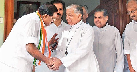 UDF candidate Rajmohan Unnithan calls on  Kannur Latin Diocese Bishop Alex Joseph Vadakumthala on Monday.