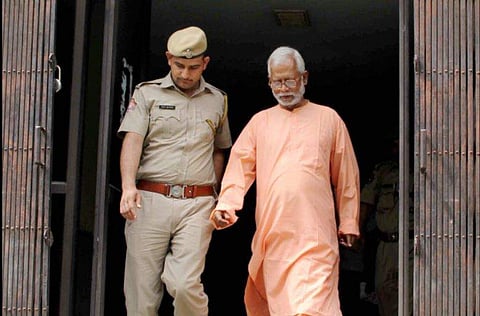 Panchkula Swami Aseemanand after a special court acquitted him along with three others in the Samjhauta train blast case Panchkula. (File Photo | PTI)