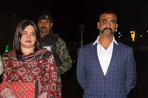 Indian Air Force IAF pilot Wing Commander Abhinandan Varthaman as he is released by Pakistan authorities at Wagah border on the Pakistani side March 1 (Photo | PTI)