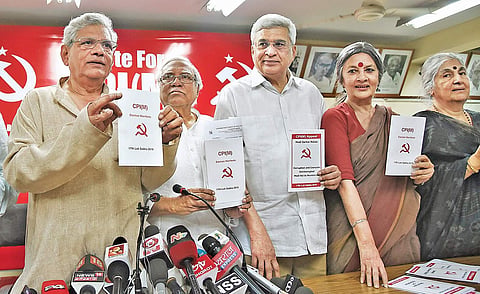 CPI(M) General Secretary Sitaram Yechury,  former general secretary Prakash Karat and other leaders release the party’s manifesto for the upcoming Lok Sabha elections at a press conference, in New Delhi on Thursday (Photo | Parveen Negi/EPS)