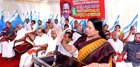 PK Sreemathi will contest once again from Kannur while  P Karunakaran (in banner) will be replaced in Kasargod (File Photo | EPS)