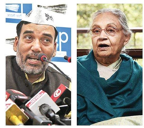 (Left) AAP leader Gopal Rai addresses a press conference in New Delhi on Tuesday; Delhi Congress chief Sheila Dikshit interacts with media persons after a meeting with party president Rahul Gandhi | Parveen Negi