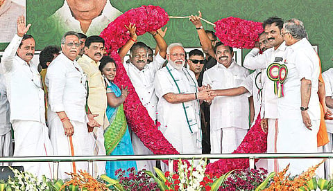 Prime Minister Narendra Modi, Chief Minister Edappadi K Palaniswami and Deputy Chief Minister O Panneerselvam during a public rally of BJP-AIADMK-PMK alliance in Chennai on Wednesday | Shiba Prasad Sahu