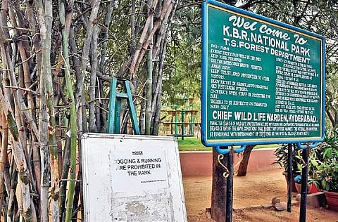 A notice put up at the KBR Park banning  jogging and running inside the  park. The decision was taken after complaints by some senior citizens that joggers and runners were causing  inconvenience  to them | Vinay Madapu