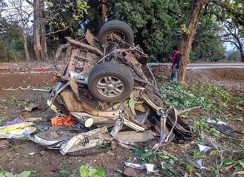 The mangled remains of one of the cars that came under naxal attack on Tuesday evening. (Photo  | PTI)