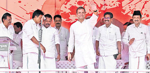 Congress president Rahul Gandhi waving at an election rally at St Mary’s College ground at Sultan Bathery | Express