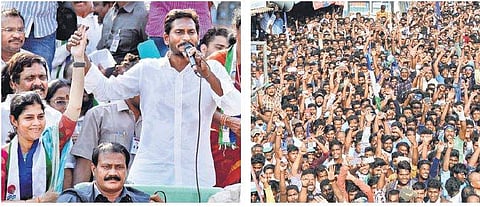 YSRC president YS Jagan Mohan Reddy introducing contesting candidate to the public during poll campaign at Peddapuram in East Godavari district on Monday; public cheering Jagan | Express