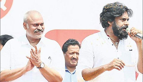 Jana Sena chief Pawan Kalyan (R), along with Narasapuram Lok Sabha candidate K Nagababu.
