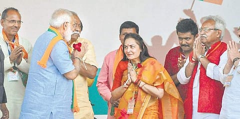 Jaya Prada, seen here with PM Modi, is bidding to fashion a win over once-mentor Azam Khan in the constituency, which is considered his home turf | PTI file